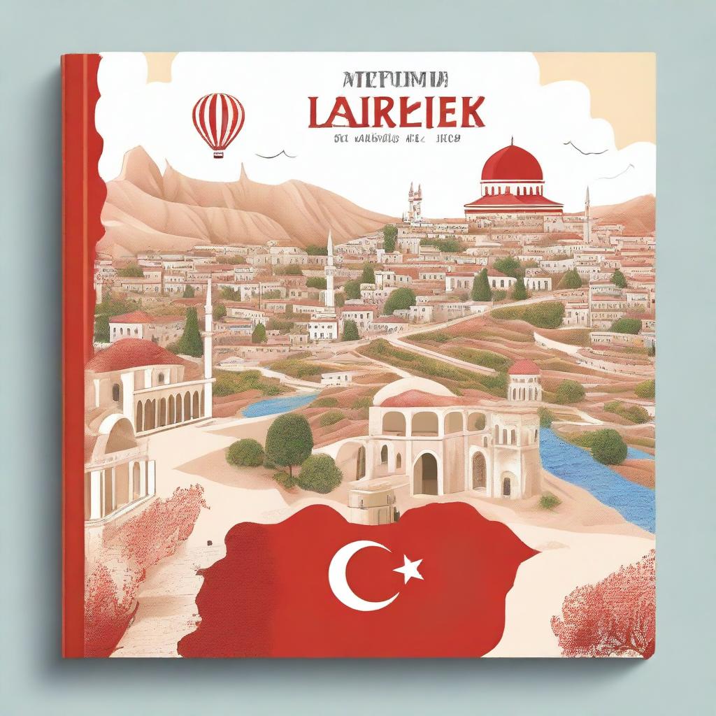 Design a Turkish ebook cover that features various famous Turkish attractions, such as Cappadocia, Pamukkale, and Ephesus