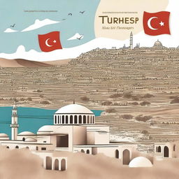 Design a Turkish ebook cover that features various famous Turkish attractions, such as Cappadocia, Pamukkale, and Ephesus