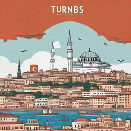 Create a Turkish ebook cover that features various famous Turkish attractions, including the Galata Tower, Istanbul Bridge, Cappadocia, Pamukkale, and Ephesus