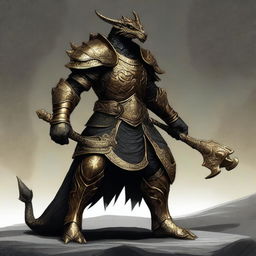 A majestic gold dragonborn warrior wearing intricate black armor