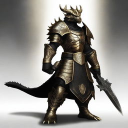 A majestic gold dragonborn warrior wearing intricate black armor