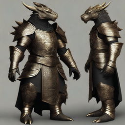 A majestic gold dragonborn warrior wearing intricate black armor