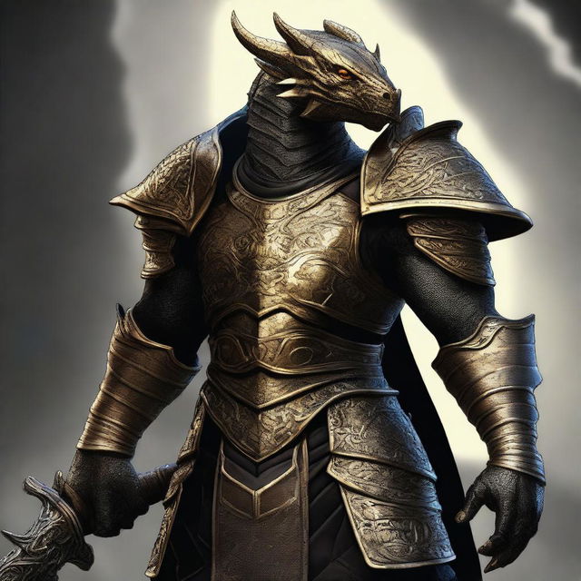 A majestic gold dragonborn warrior wearing intricate black armor