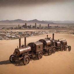 A scene from Namibia enhanced with steampunk artistry, envisaging Windhoek's skyline entwined with vintage machinery, endless sand dunes speckled with colossal cogworks, and sporadic settlements influenced by antediluvian tech in the vast wilderness.