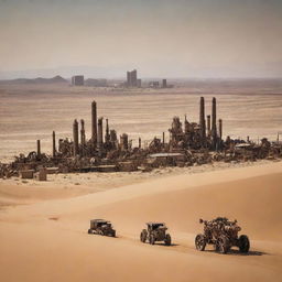 A scene from Namibia enhanced with steampunk artistry, envisaging Windhoek's skyline entwined with vintage machinery, endless sand dunes speckled with colossal cogworks, and sporadic settlements influenced by antediluvian tech in the vast wilderness.