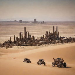 A scene from Namibia enhanced with steampunk artistry, envisaging Windhoek's skyline entwined with vintage machinery, endless sand dunes speckled with colossal cogworks, and sporadic settlements influenced by antediluvian tech in the vast wilderness.