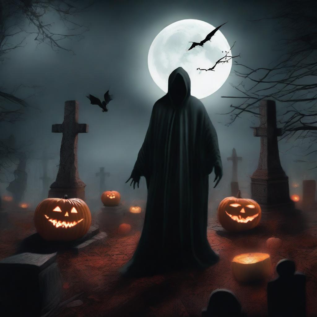 A horrifying October scene set in a cemetery, featuring a screaming figure and an evil, bloody pumpkin demon