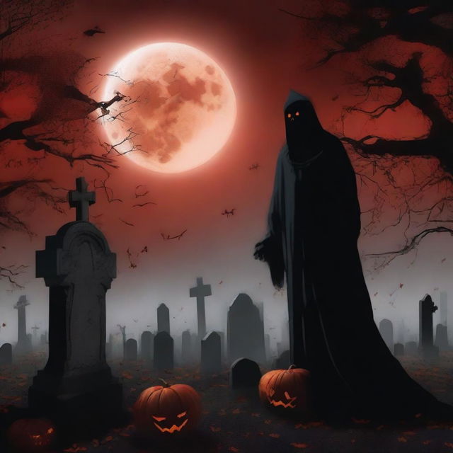 A horrifying October scene set in a cemetery, featuring a screaming figure and an evil, bloody pumpkin demon