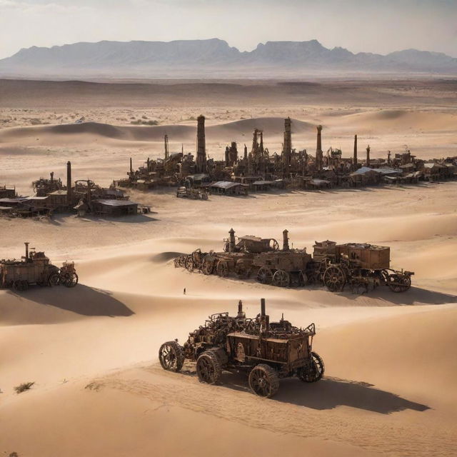 A scene from Namibia enhanced with steampunk artistry, envisaging Windhoek's skyline entwined with vintage machinery, endless sand dunes speckled with colossal cogworks, and sporadic settlements influenced by antediluvian tech in the vast wilderness.