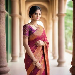 A beautiful girl wearing a traditional saree, standing gracefully in a picturesque setting