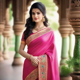 A beautiful girl wearing a traditional saree, standing gracefully in a picturesque setting