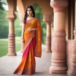 A beautiful girl wearing a traditional saree, standing gracefully in a picturesque setting