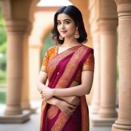 A beautiful girl wearing a traditional saree, standing gracefully in a picturesque setting