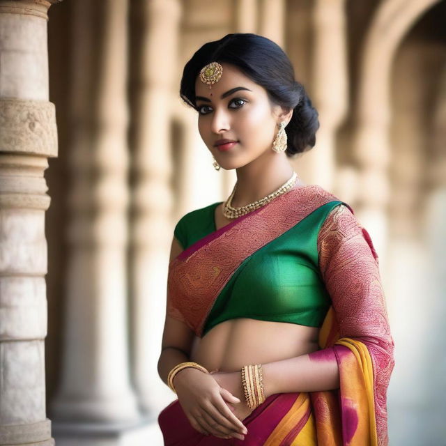 A young woman wearing a traditional saree, with the saree draped in a way that clearly shows her navel