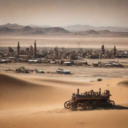 A scene from Namibia enhanced with steampunk artistry, envisaging Windhoek's skyline entwined with vintage machinery, endless sand dunes speckled with colossal cogworks, and sporadic settlements influenced by antediluvian tech in the vast wilderness.