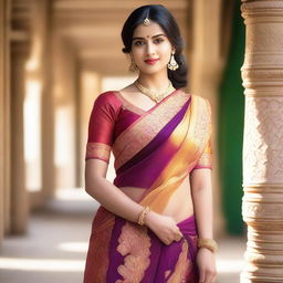 A young woman wearing a traditional saree, with the saree draped in a way that clearly shows her navel