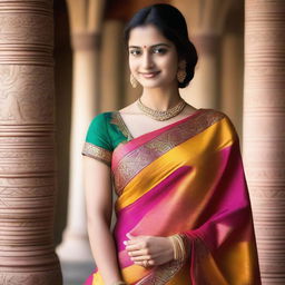 A young woman wearing a traditional saree, with the saree draped in a way that clearly shows her navel