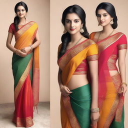 A young woman wearing a traditional saree, with the saree draped in a way that clearly shows her navel