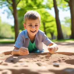 A 10-year-old boy playing in a sandbox discovers a magic coin