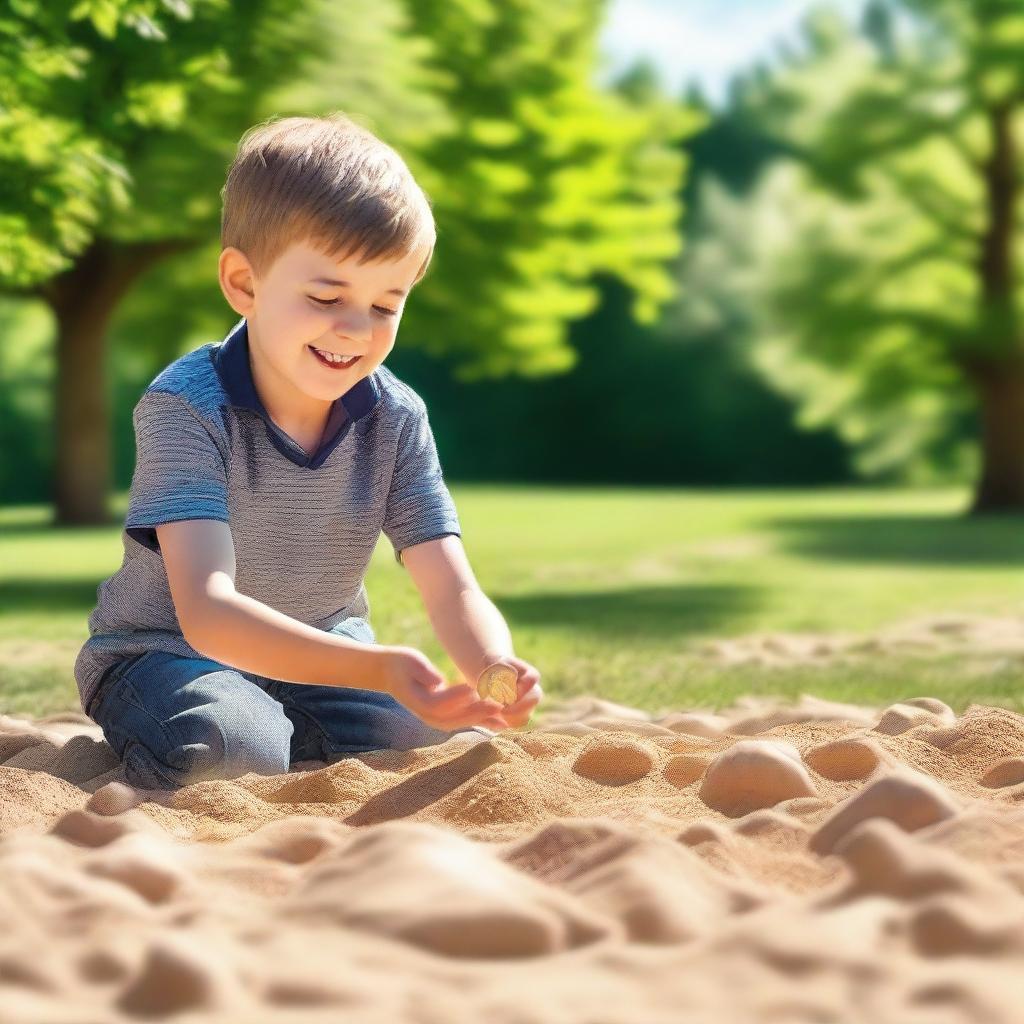 A 10-year-old boy playing in a sandbox discovers a magic coin