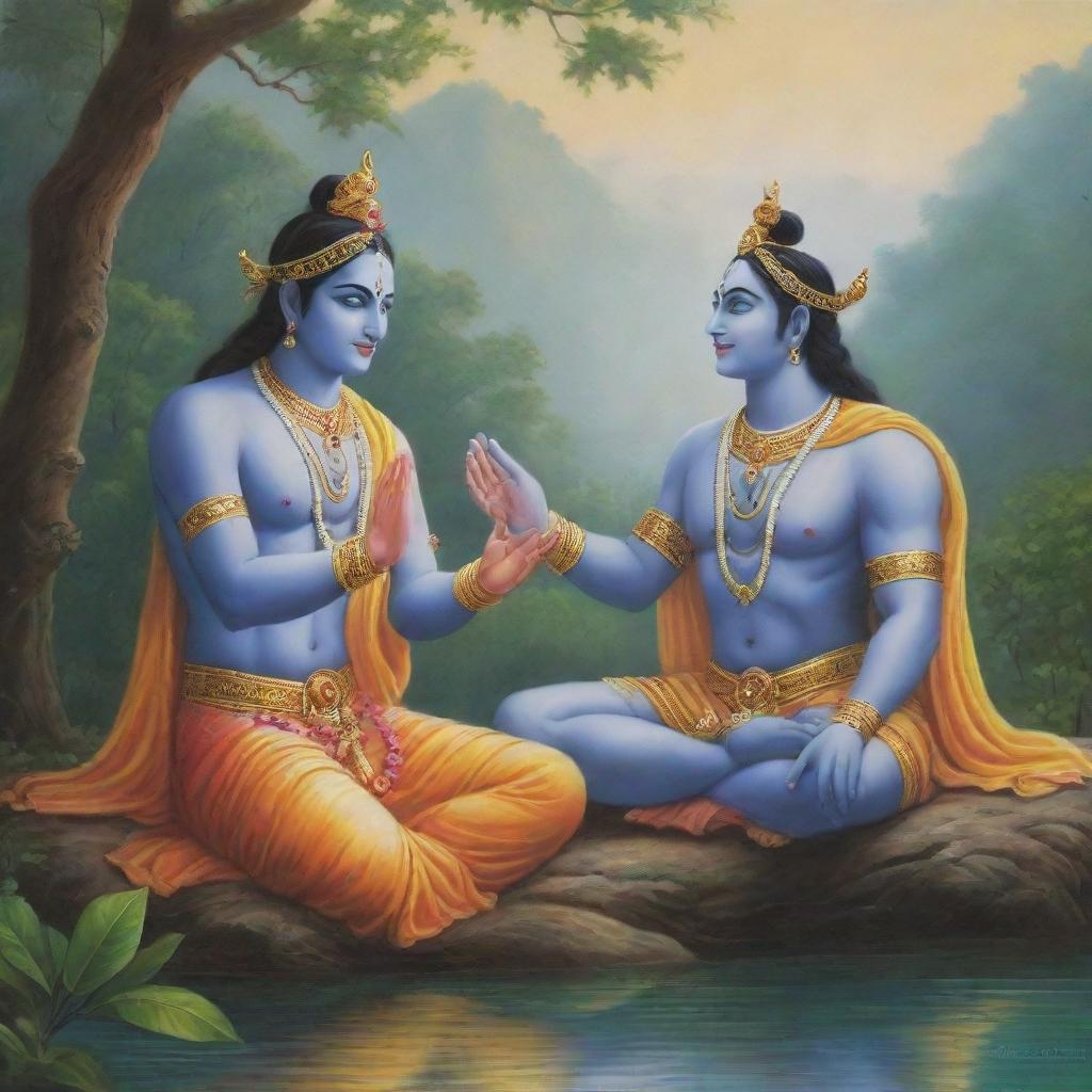 A peaceful and beautiful scene portraying Lord Krishna and Lord Ram together, sharing wisdom and stories, set against a calming and serene backdrop of pristine nature.