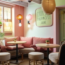 An adorable, cozy café with pastel colored furniture, dotted with small round tables, cushioned chairs, hanging lanterns, and with the smell of fresh espresso wafting in the air.