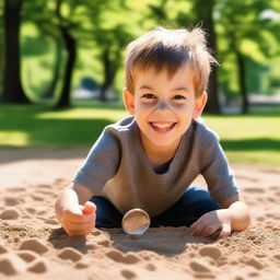 A 10-year-old boy playing in a sandbox discovers a magic coin