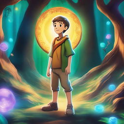 A magical coin glowing with a mystical aura leads a 10-year-old boy into an enchanting fantasy world filled with vibrant colors, fantastical creatures, and ancient forests