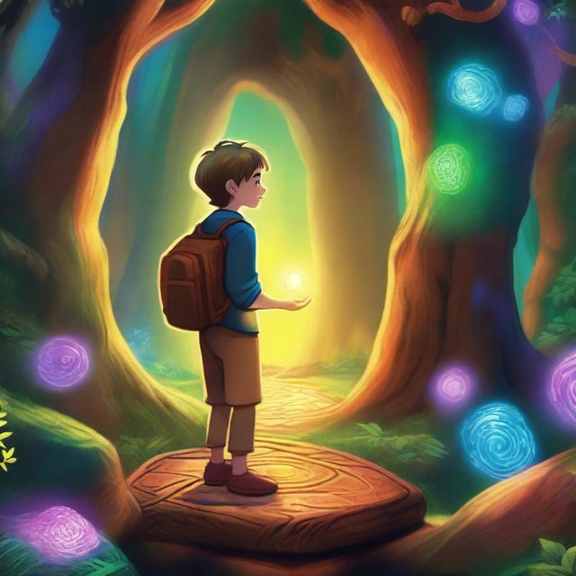 A magical coin glowing with a mystical aura leads a 10-year-old boy into an enchanting fantasy world filled with vibrant colors, fantastical creatures, and ancient forests