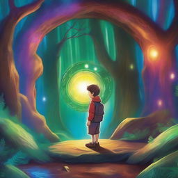 A magical coin glowing with a mystical aura leads a 10-year-old boy into an enchanting fantasy world filled with vibrant colors, fantastical creatures, and ancient forests