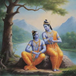 A peaceful and beautiful scene portraying Lord Krishna and Lord Ram together, sharing wisdom and stories, set against a calming and serene backdrop of pristine nature.