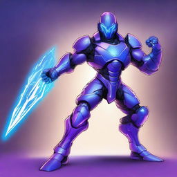 A detailed illustration of a plasmoid fighter, a futuristic warrior made of plasma energy with glowing blue and purple hues