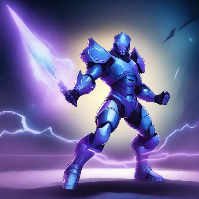 A detailed illustration of a plasmoid fighter, a futuristic warrior made of plasma energy with glowing blue and purple hues