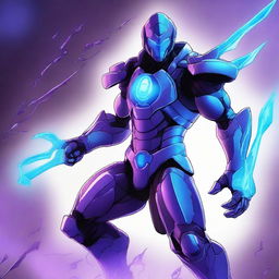 A detailed illustration of a plasmoid fighter, a futuristic warrior made of plasma energy with glowing blue and purple hues