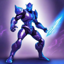 A detailed illustration of a plasmoid fighter, a futuristic warrior made of plasma energy with glowing blue and purple hues