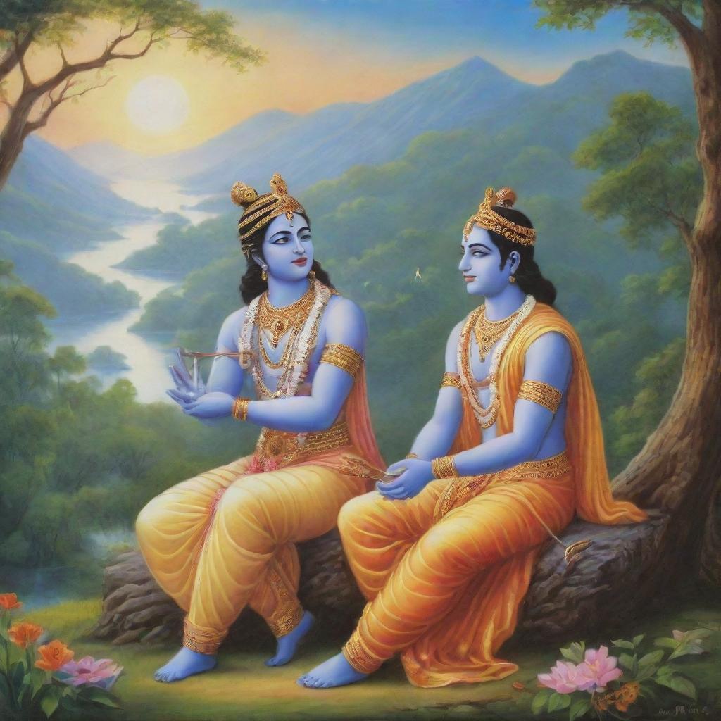 A peaceful and beautiful scene portraying Lord Krishna and Lord Ram together, sharing wisdom and stories, set against a calming and serene backdrop of pristine nature.