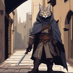 A detailed illustration of a Tabaxi lynx rogue, a feline humanoid character with lynx features