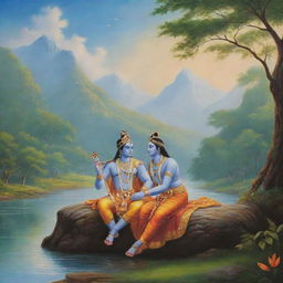 A peaceful and beautiful scene portraying Lord Krishna and Lord Ram together, sharing wisdom and stories, set against a calming and serene backdrop of pristine nature.