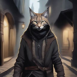 A detailed illustration of a Tabaxi lynx rogue, a feline humanoid character with lynx features