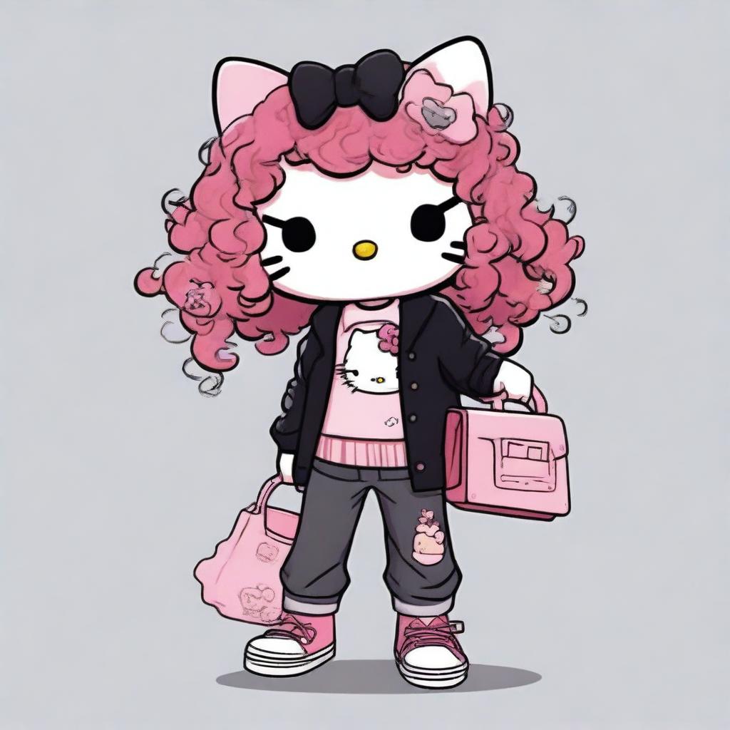 A Hello Kitty character with curly red hair, wearing wide pants with rips, a black pullover, and a pink handbag