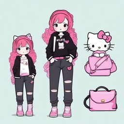 A Hello Kitty character with curly red hair, wearing wide pants with rips, a black pullover, and a pink handbag