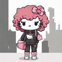 A Hello Kitty character with curly red hair, wearing wide pants with rips, a black pullover, and a pink handbag