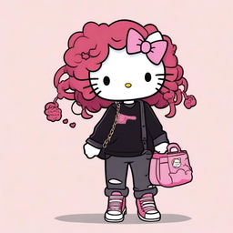 A Hello Kitty character with curly red hair, wearing wide pants with rips, a black pullover, and a pink handbag