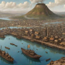 A steampunk-themed illustration of Benin, featuring Cotonou with its cityscape infused with brass constructs, the Atakora Mountain range seamed with mechanical outposts, and stilted villages on Lake Nokoué interlaced with steam-powered utilities.