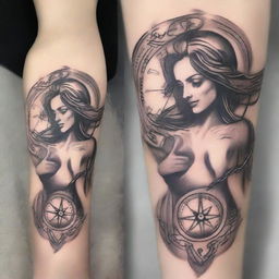 A detailed sketch-style tattoo design for a sleeve featuring a compass embedded in a heart, with the figure of Themis, the Greek goddess of justice, holding scales