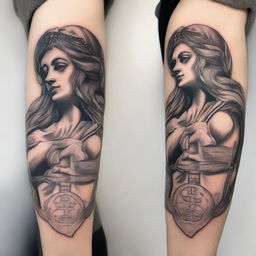 A detailed sketch-style tattoo design for a sleeve featuring a compass embedded in a heart, with the figure of Themis, the Greek goddess of justice, holding scales