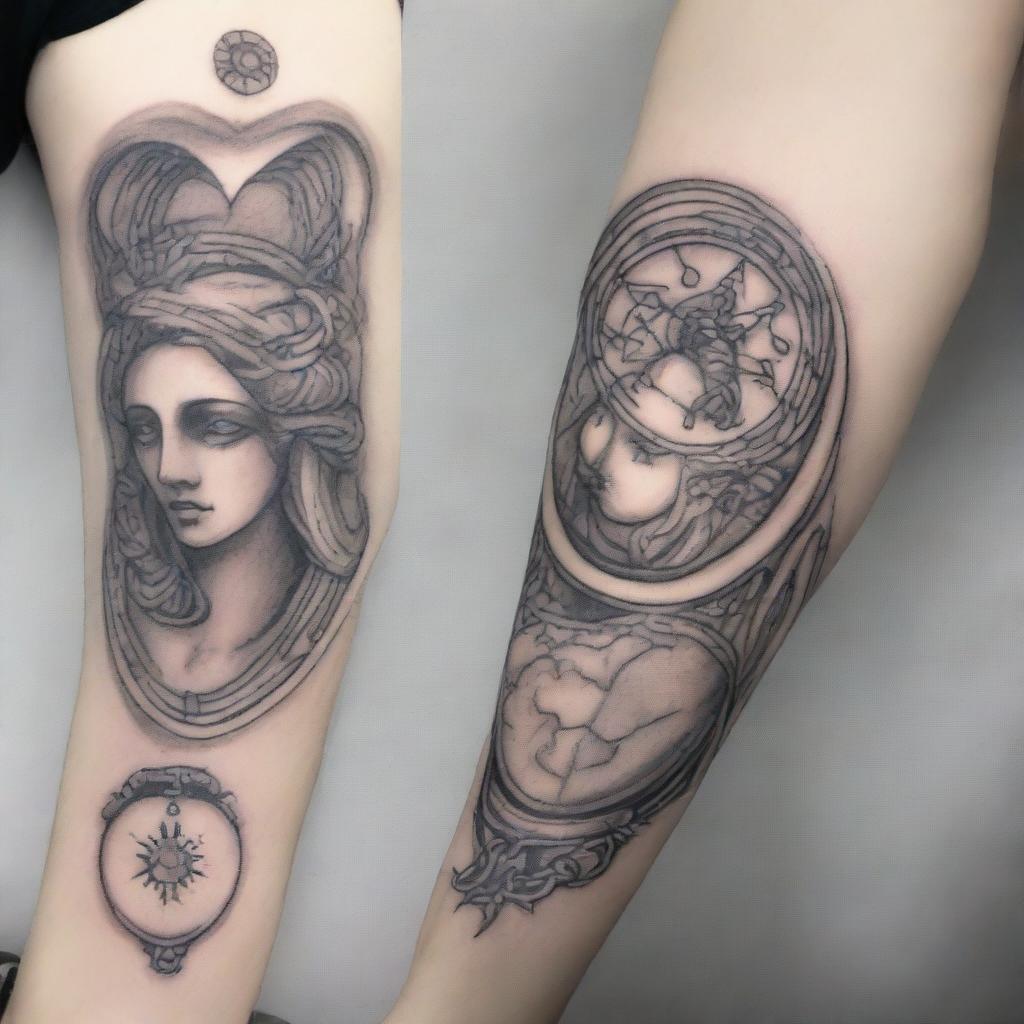 A detailed sketch-style tattoo design for a sleeve featuring a compass embedded in a heart, with the figure of Themis, the Greek goddess of justice, holding scales