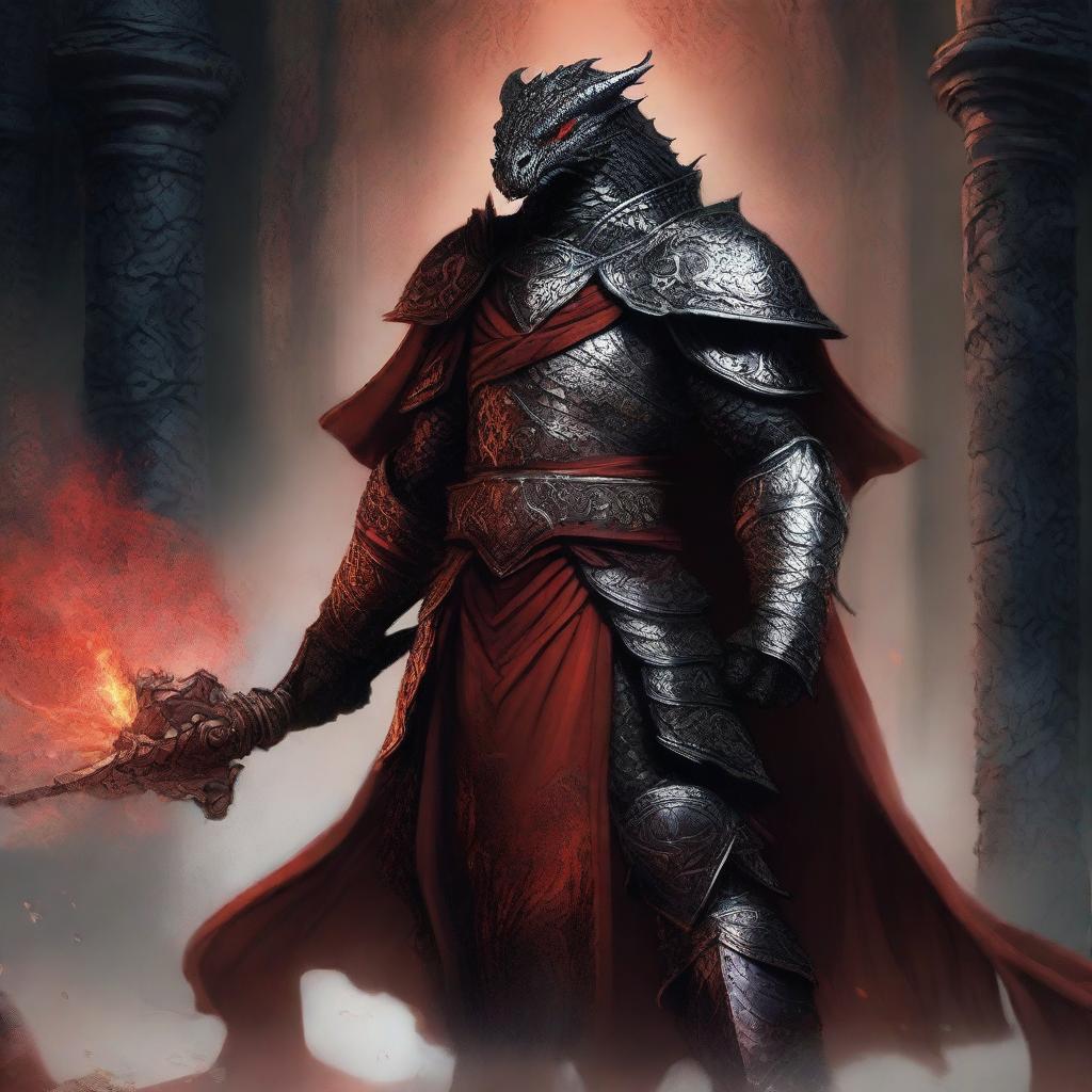 A fierce black dragonborn warrior clad in ornate armor with a red cape flowing behind them