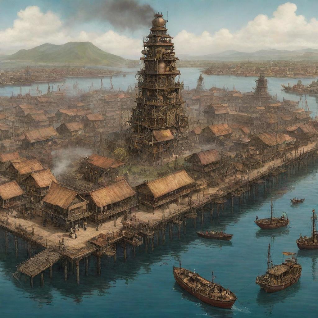 A steampunk-themed illustration of Benin, featuring Cotonou with its cityscape infused with brass constructs, the Atakora Mountain range seamed with mechanical outposts, and stilted villages on Lake Nokoué interlaced with steam-powered utilities.