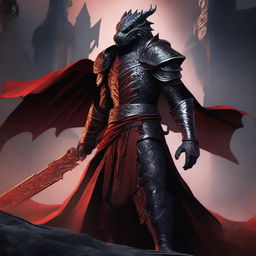 A fierce black dragonborn warrior clad in ornate armor with a red cape flowing behind them